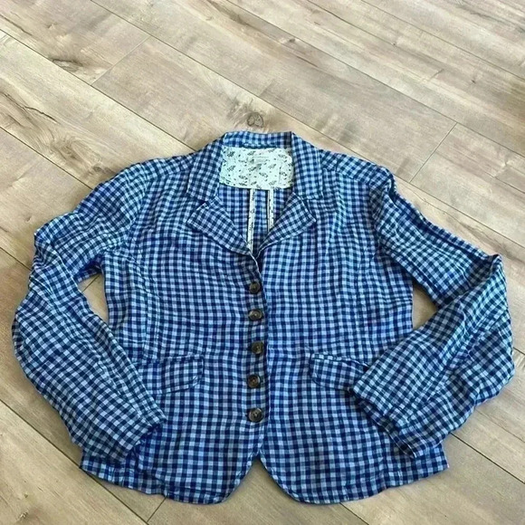 Sundance Catalog Ziri Blazer Linen Blue Checkered Button Up Jacket Sz PXXS - Picture 5 of 12